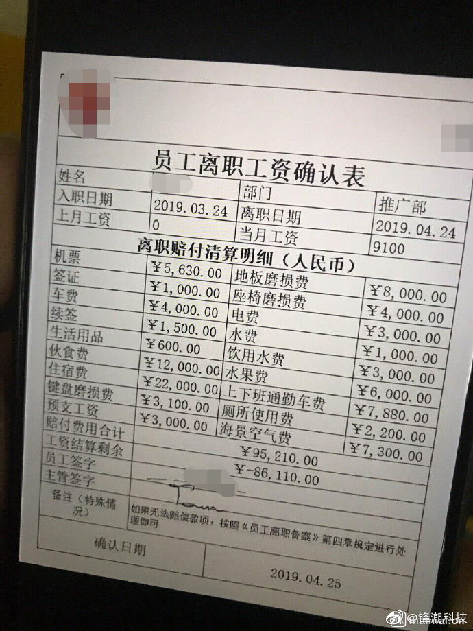 网友曝光疑似某公司离职收费单 员工居然倒赔8万元