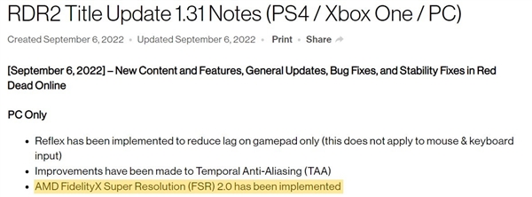 《荒野大镖客2》1.31版本支持AMD FSR 2.0技术，老玩家的福音