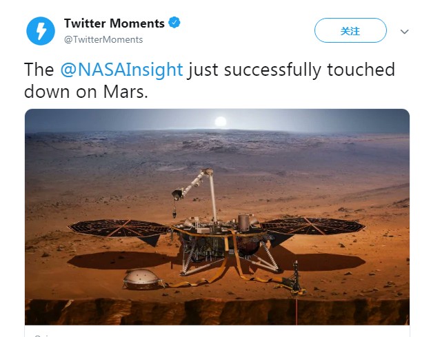 NASA洞察号火星探测器成功登陆火星展开探测