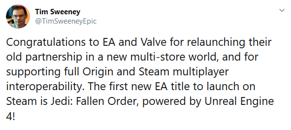 Epic老大祝贺EA和V社合作 顺便还夸了一下自家引擎