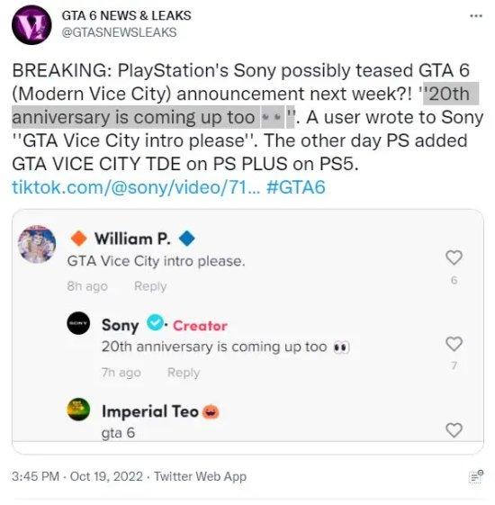 《GTA 6》得到官方回复！Sony：「20周年纪念日即将到来。」
